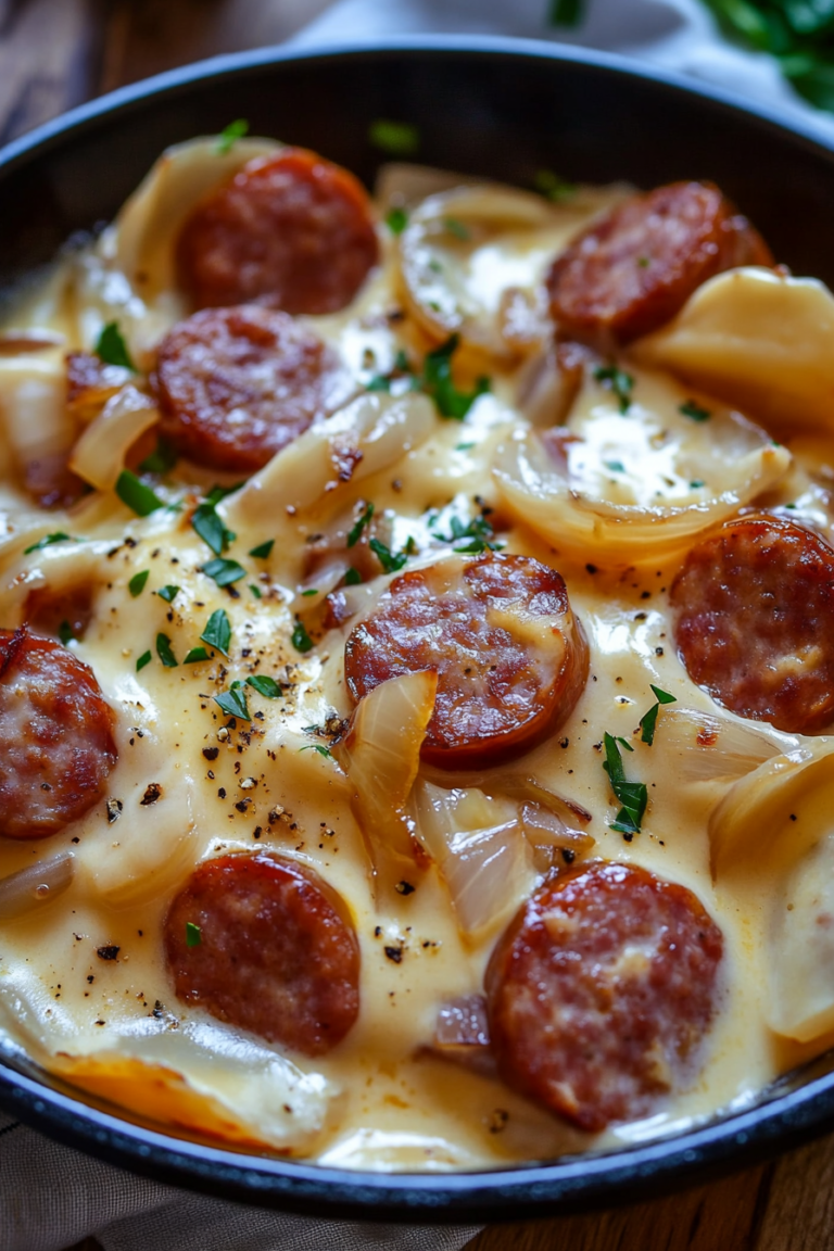 Creamy crockpot pierogi casserole with melted cheese, caramelized onions and sour cream served in a white bowl